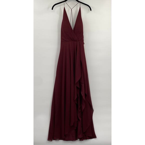 Jenny Yoo BHLDN Farrah Gown Ruffle Skirt Front Slit Chiffon Hibiscus Red NEW 4 - Picture 3 of 12